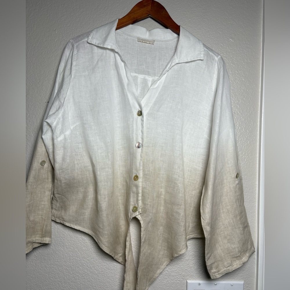 Linen White to Tan Cropped Tie Front Button Down Shirt w/ Roll Sleeves. Italy
